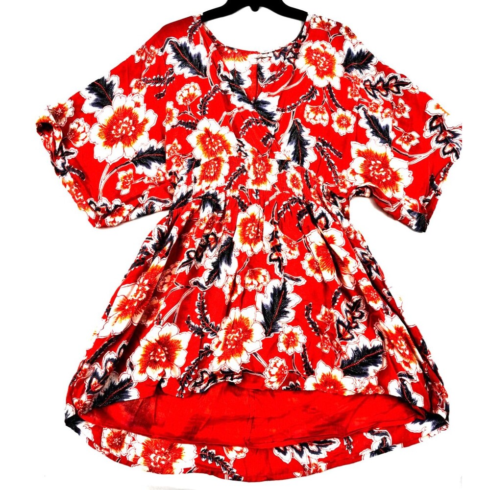 O’Neill Women’s Medium Dress Red Floral Short Sleeve Rayon Casual Boho